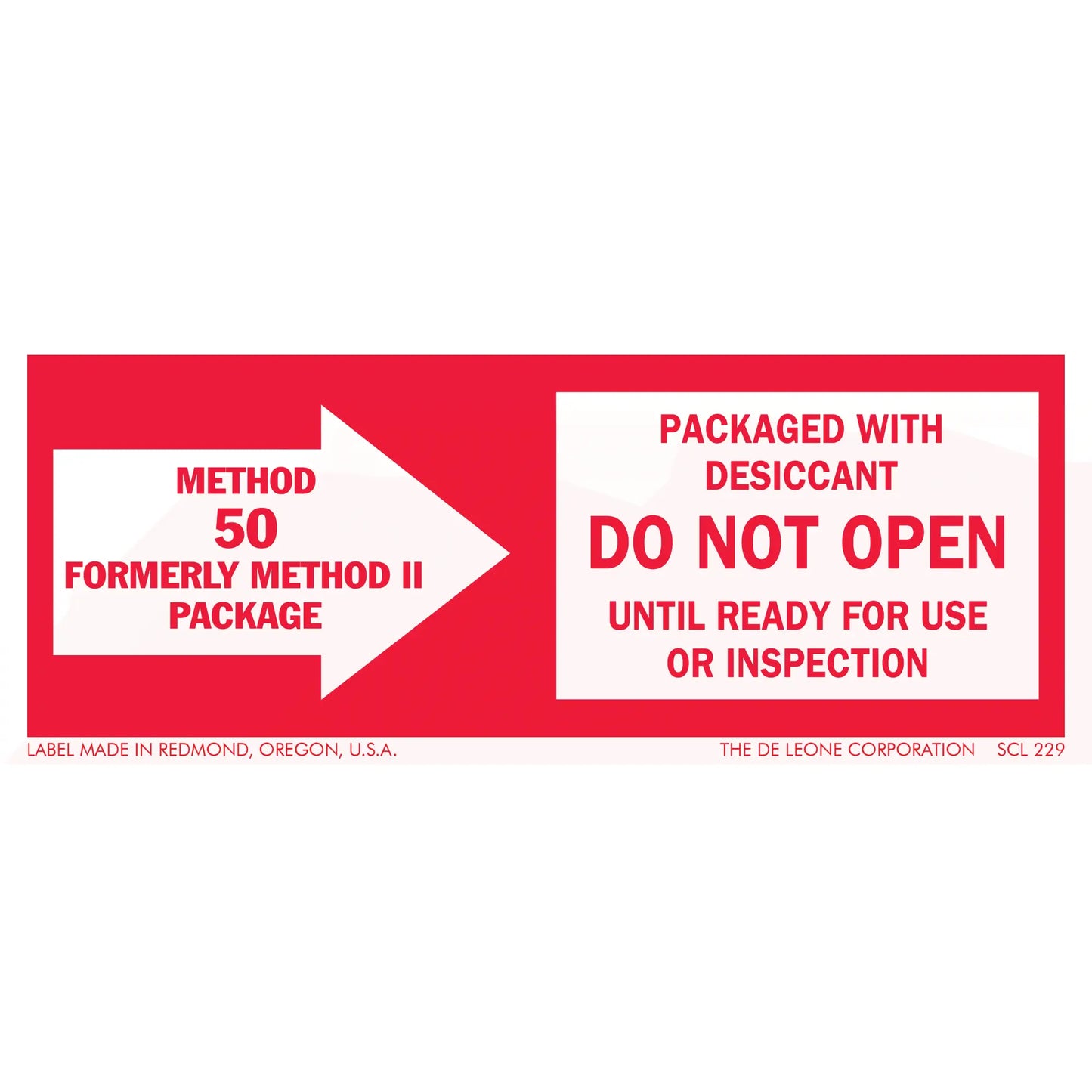 Red and white warning label indicating Method 50 package contains desiccant and should not be opened until ready for use.