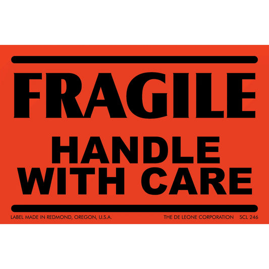 Red warning label with black text reading ’FRAGILE HANDLE WITH CARE’