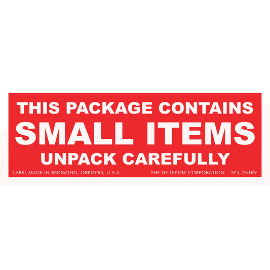 Red warning label with white text stating ’THIS PACKAGE CONTAINS SMALL ITEMS UNPACK CAREFULLY’