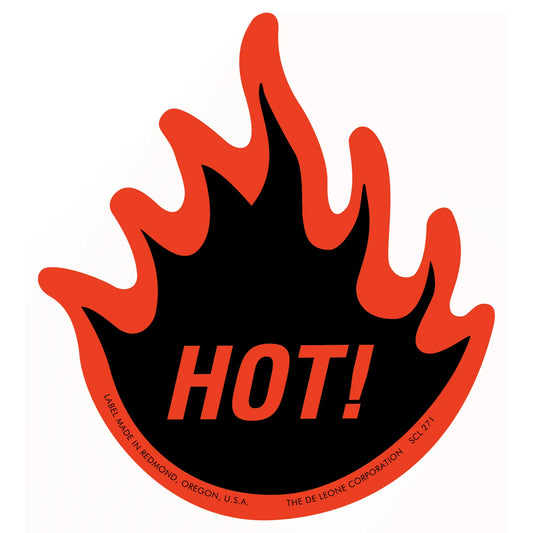 Black flame shape with orange edges and the word ’HOT!’ in orange text.
