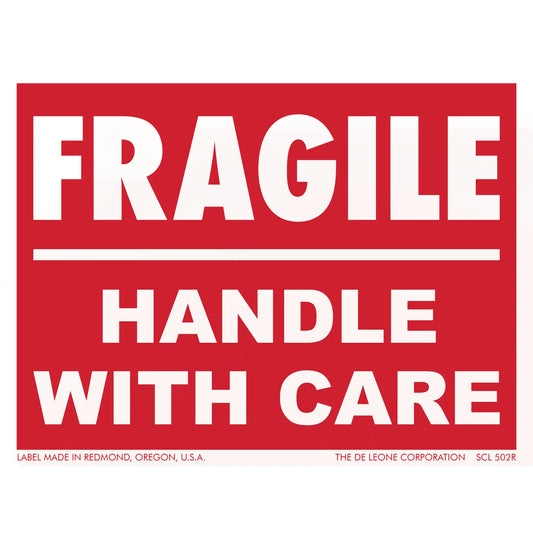 Red and white warning label that reads ’FRAGILE - HANDLE WITH CARE’