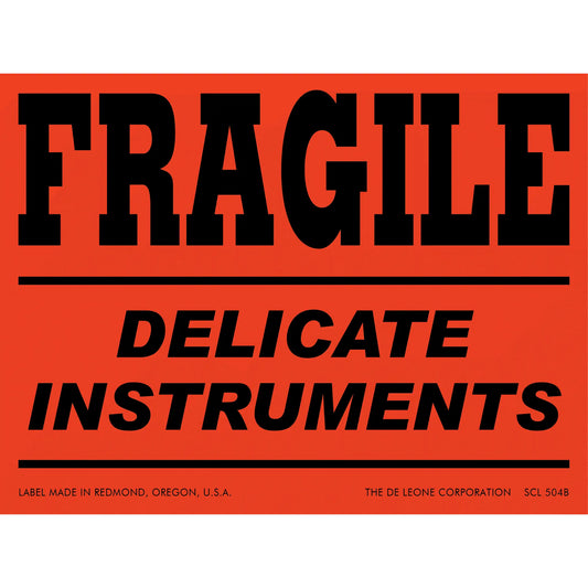 Red warning label with black text reading ’FRAGILE DELICATE INSTRUMENTS’