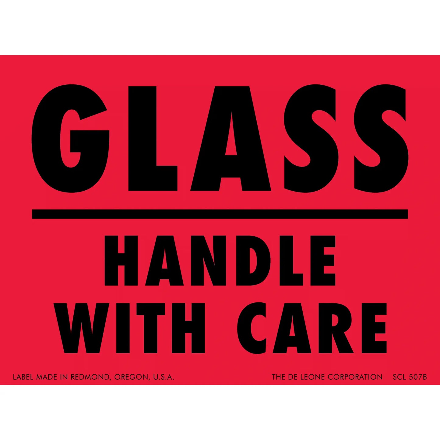 Red warning label with black text reading ’GLASS - HANDLE WITH CARE’