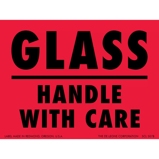 Red warning label with black text reading ’GLASS - HANDLE WITH CARE’