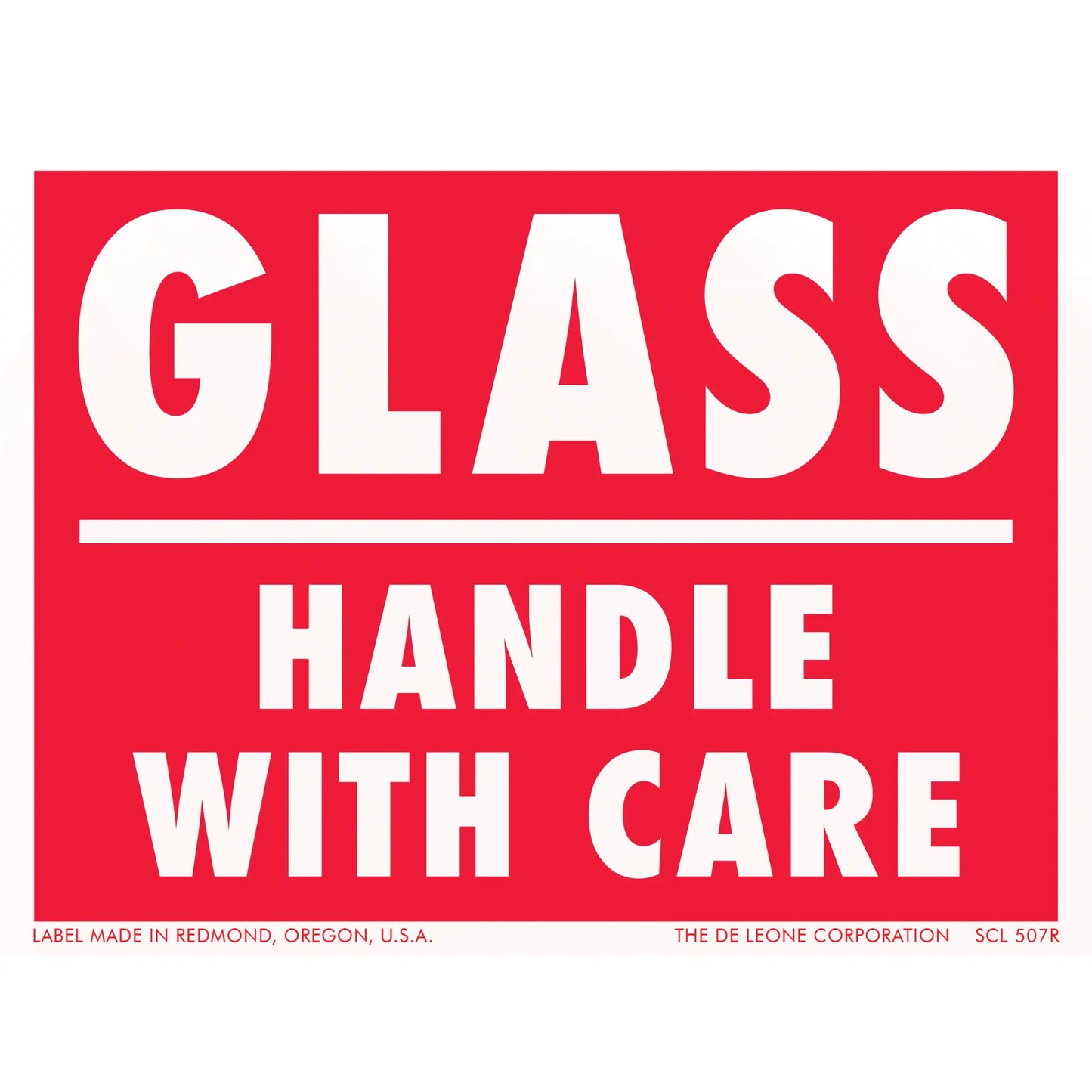 Red and white warning label for glass handling.