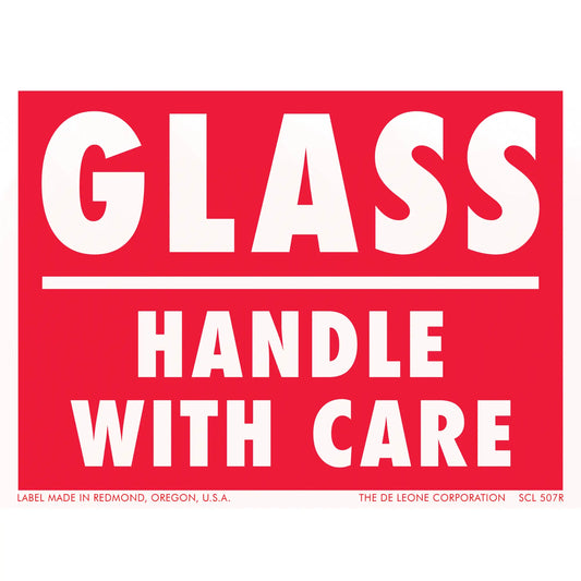 Red and white warning label for glass handling.