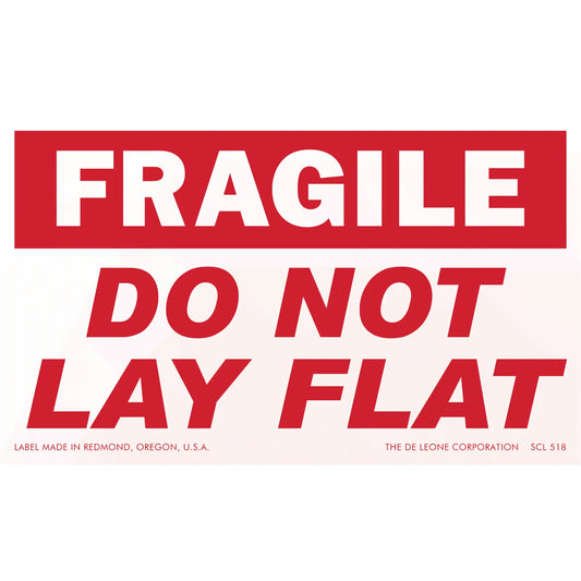 Red and white warning label with ’FRAGILE DO NOT LAY FLAT’ text.