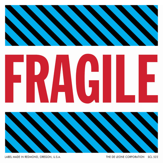 Red ’FRAGILE’ text between blue and black diagonal striped borders.