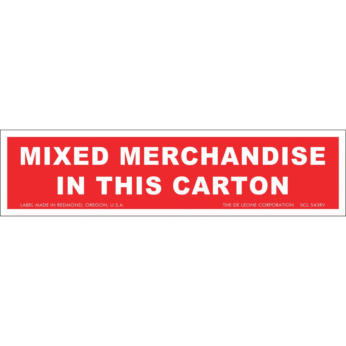 Red and white shipping label stating ’MIXED MERCHANDISE IN THIS CARTON’