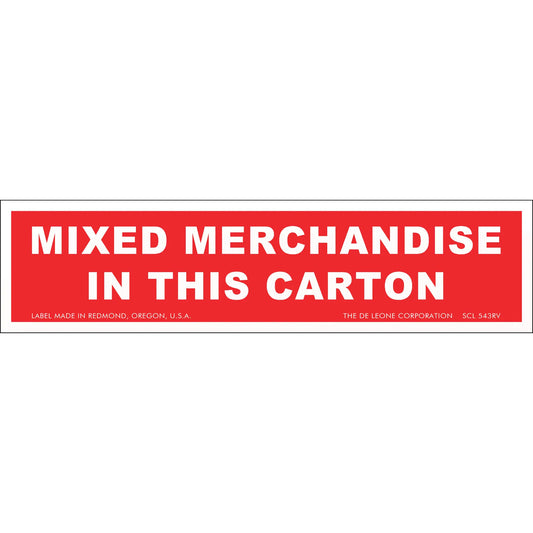 Red and white shipping label stating ’MIXED MERCHANDISE IN THIS CARTON’