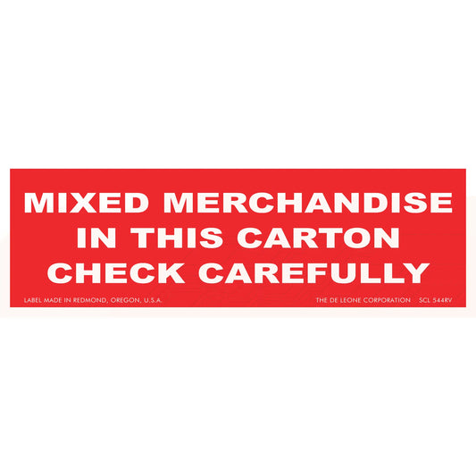 Red warning label stating ’MIXED MERCHANDISE IN THIS CARTON CHECK CAREFULLY’