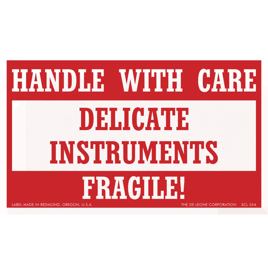 Red and white warning label for delicate instruments that reads ’HANDLE WITH CARE’ and ’FRAGILE!’