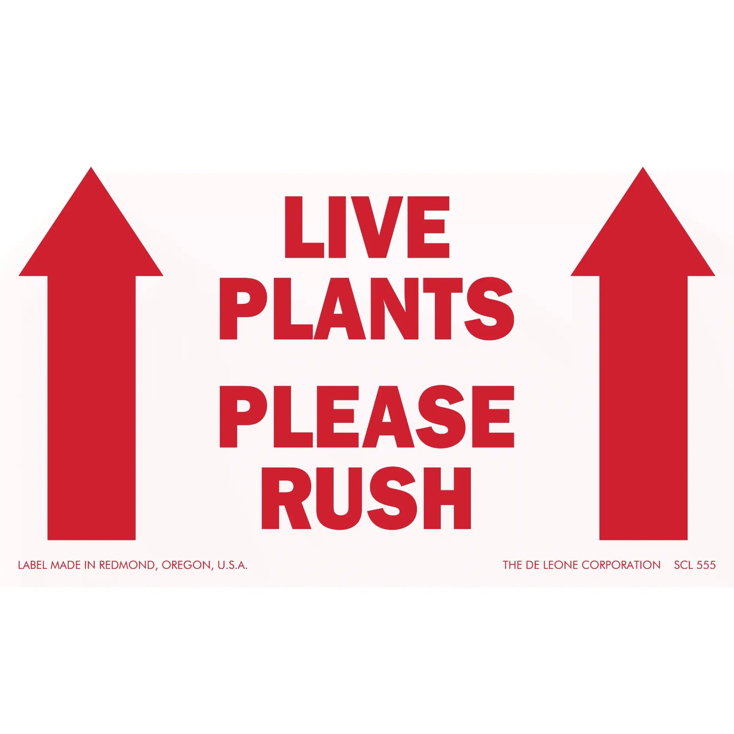 Red text shipping label with arrows reading ’LIVE PLANTS PLEASE RUSH’