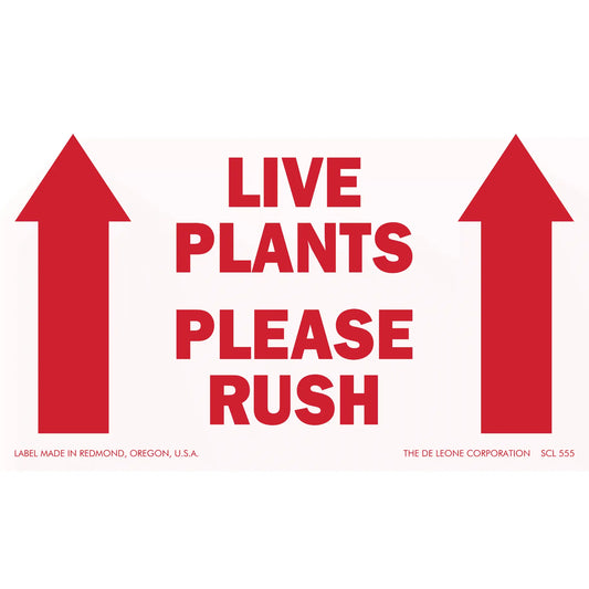 Red text shipping label with arrows reading ’LIVE PLANTS PLEASE RUSH’