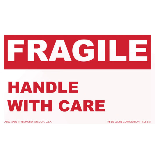 Red and white warning label that reads ’FRAGILE - HANDLE WITH CARE’