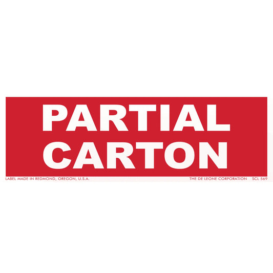 Red rectangular sign with white text reading ’PARTIAL CARTON’