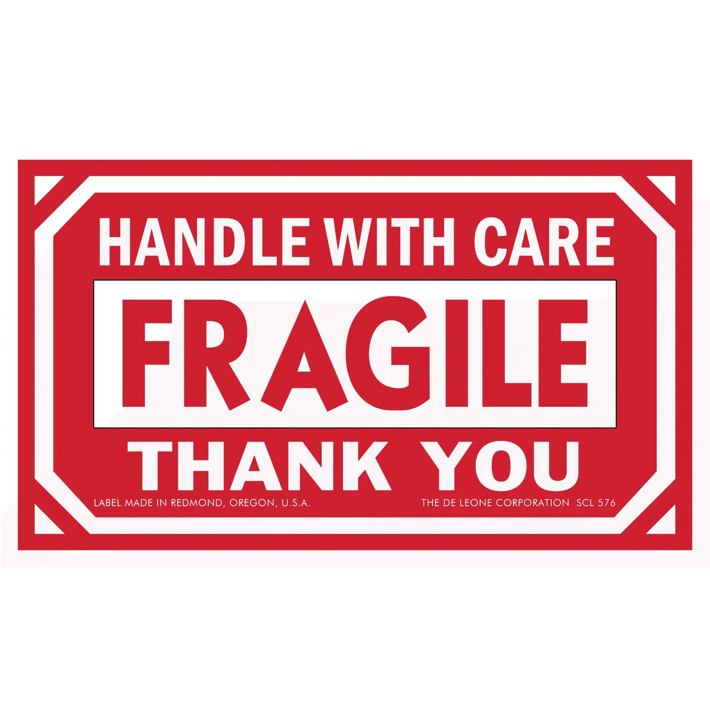 Red and white ’Handle with Care - Fragile’ shipping label.