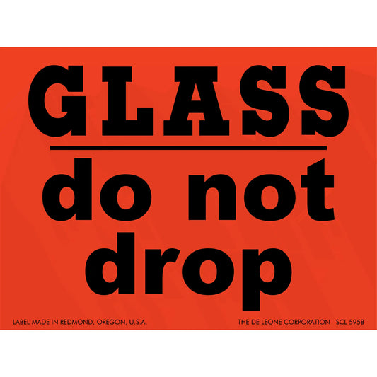 Red warning label with black text reading ’GLASS do not drop’