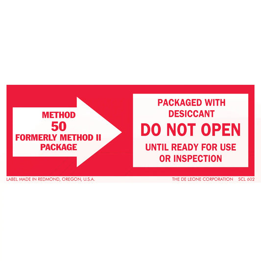 Red and white warning label indicating Method 50 package contains desiccant and should not be opened until ready for use.