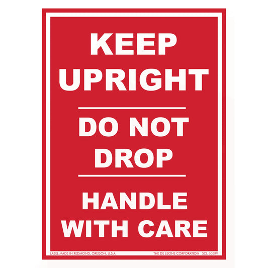 Red and white warning label with shipping instructions to keep packages upright and handle with care.