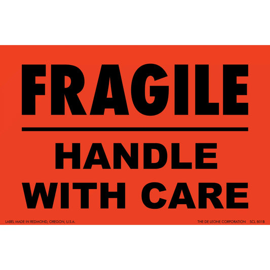 Red warning label with black text reading ’FRAGILE HANDLE WITH CARE’