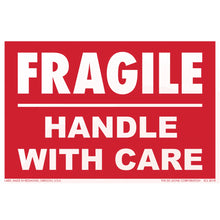 Red and white warning label that reads ’FRAGILE HANDLE WITH CARE’
