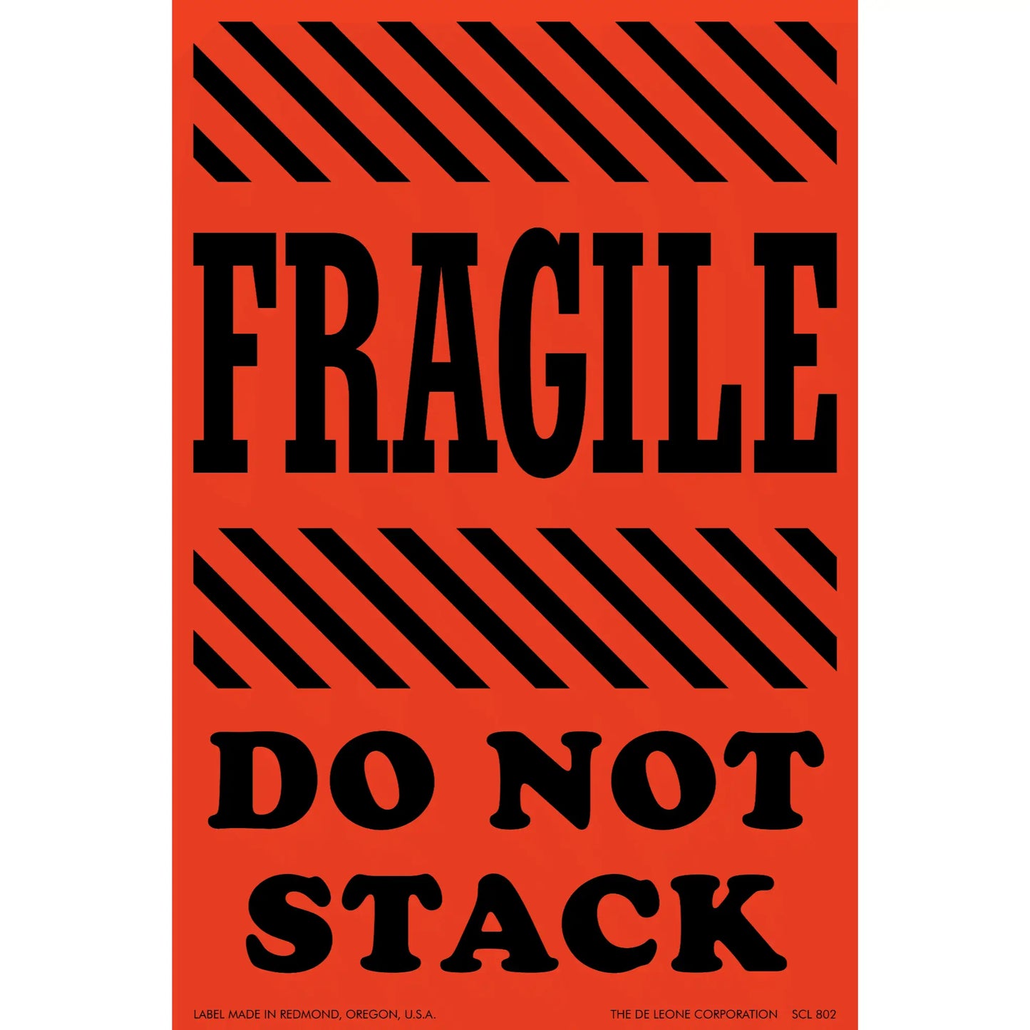 Red and black warning label with ’FRAGILE - DO NOT STACK’ text and diagonal stripes.