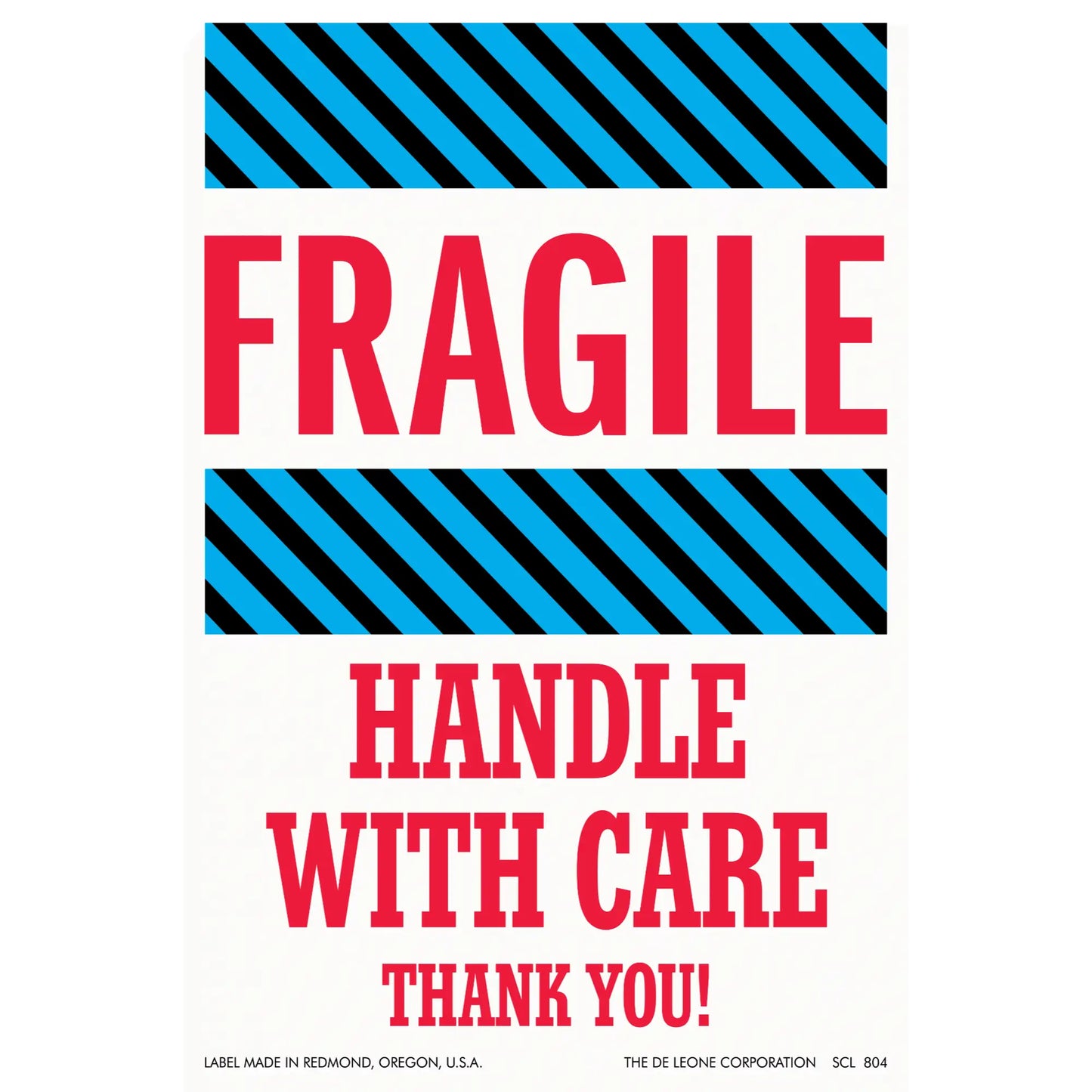 Warning label with ’FRAGILE - HANDLE WITH CARE’ text and diagonal striped borders.
