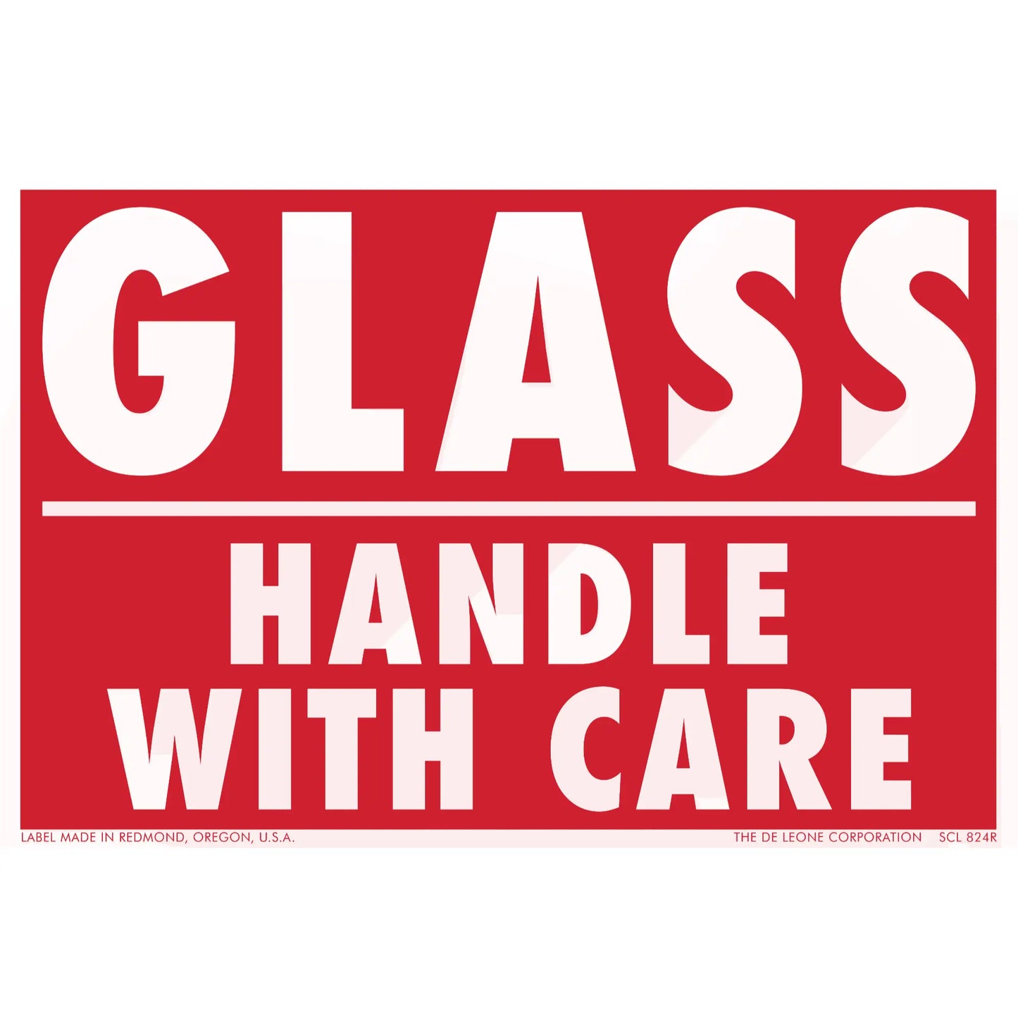 Red warning sign with white text reading ’GLASS - HANDLE WITH CARE’