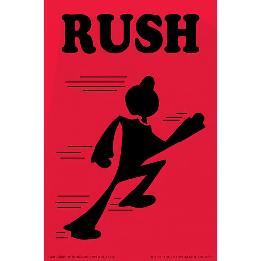Black silhouette of a running figure on a red background with ’RUSH’ text above it.