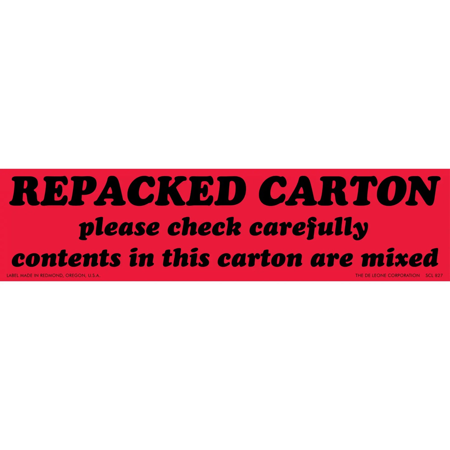 Red warning label stating ’REPACKED CARTON please check carefully contents in this carton are mixed’
