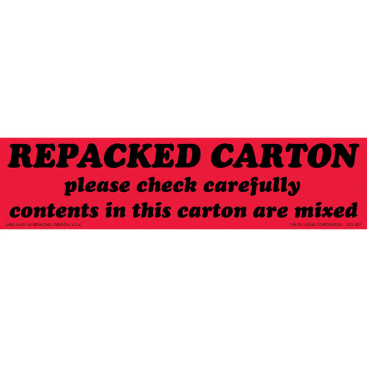 Red warning label stating ’REPACKED CARTON please check carefully contents in this carton are mixed’