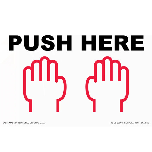 A ’PUSH HERE’ sign with two red hand icons below the text.