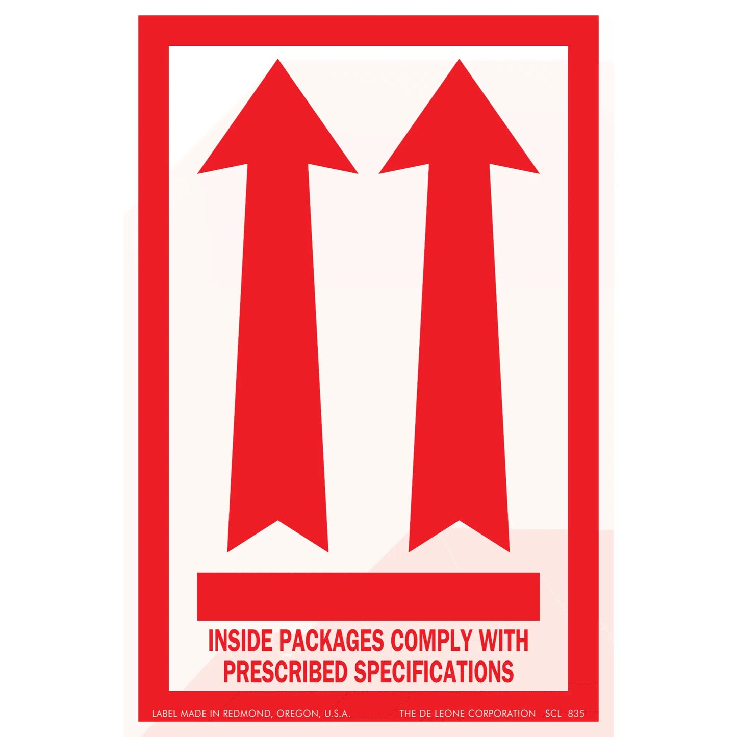 Red shipping label with upward-pointing arrows and text about package specifications.