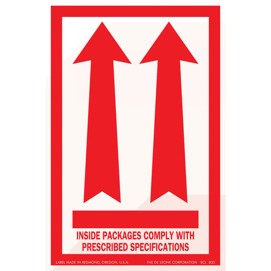 Red shipping label with upward-pointing arrows and text about package specifications.