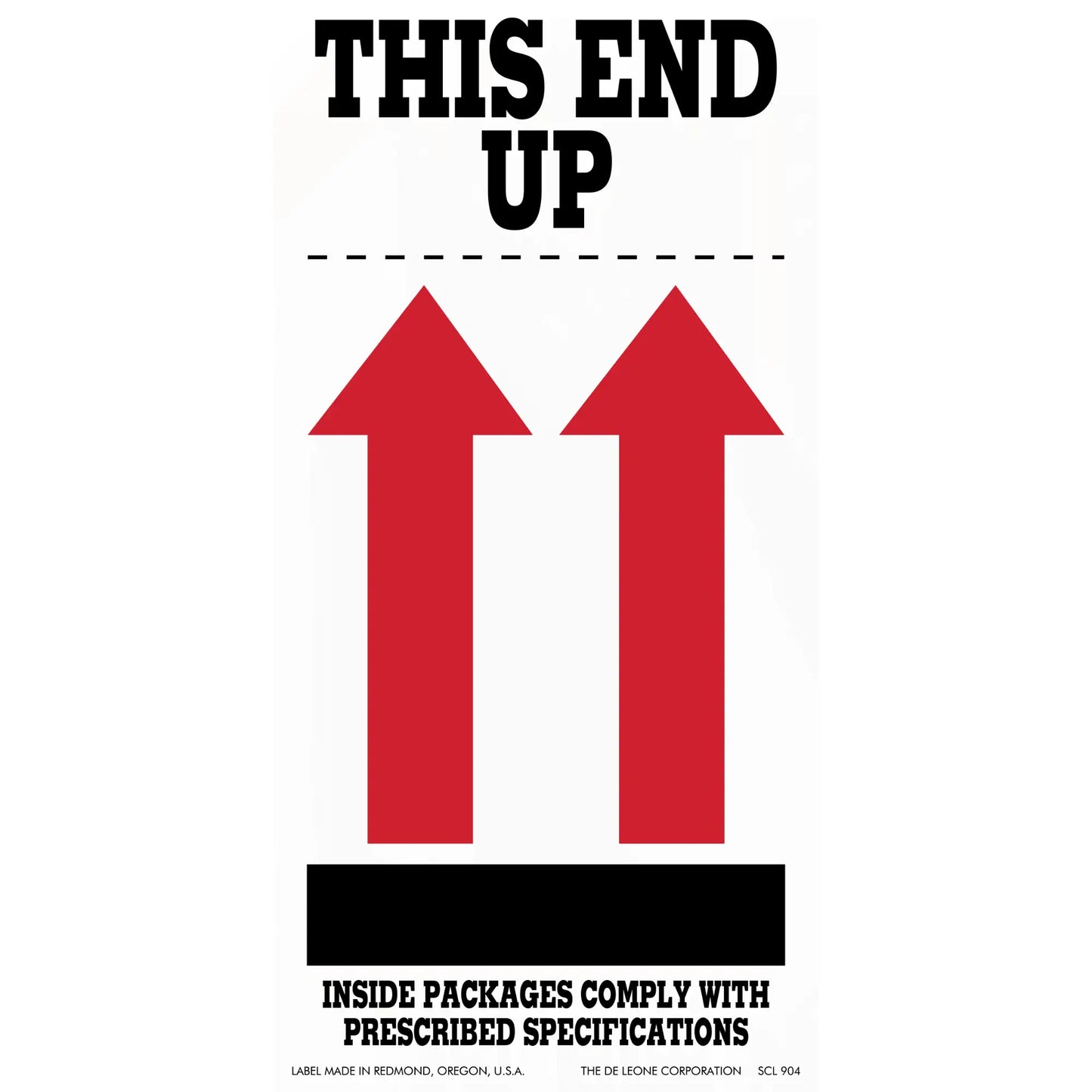 Shipping label with ’THIS END UP’ text and two red upward-pointing arrows.