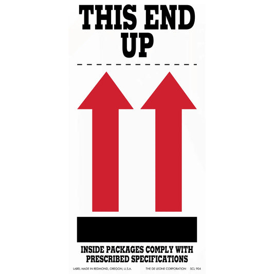 Shipping label with ’THIS END UP’ text and two red upward-pointing arrows.