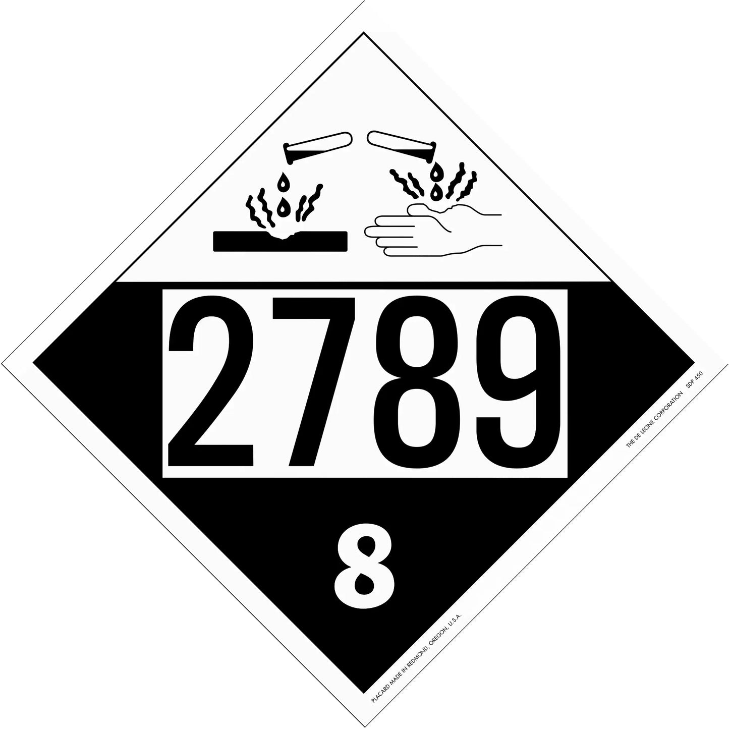 Hazardous materials placard with number 2789 and corrosive symbol in class 8.