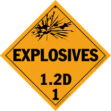 Diamond-shaped orange warning sign for explosives with classification 1.2D.