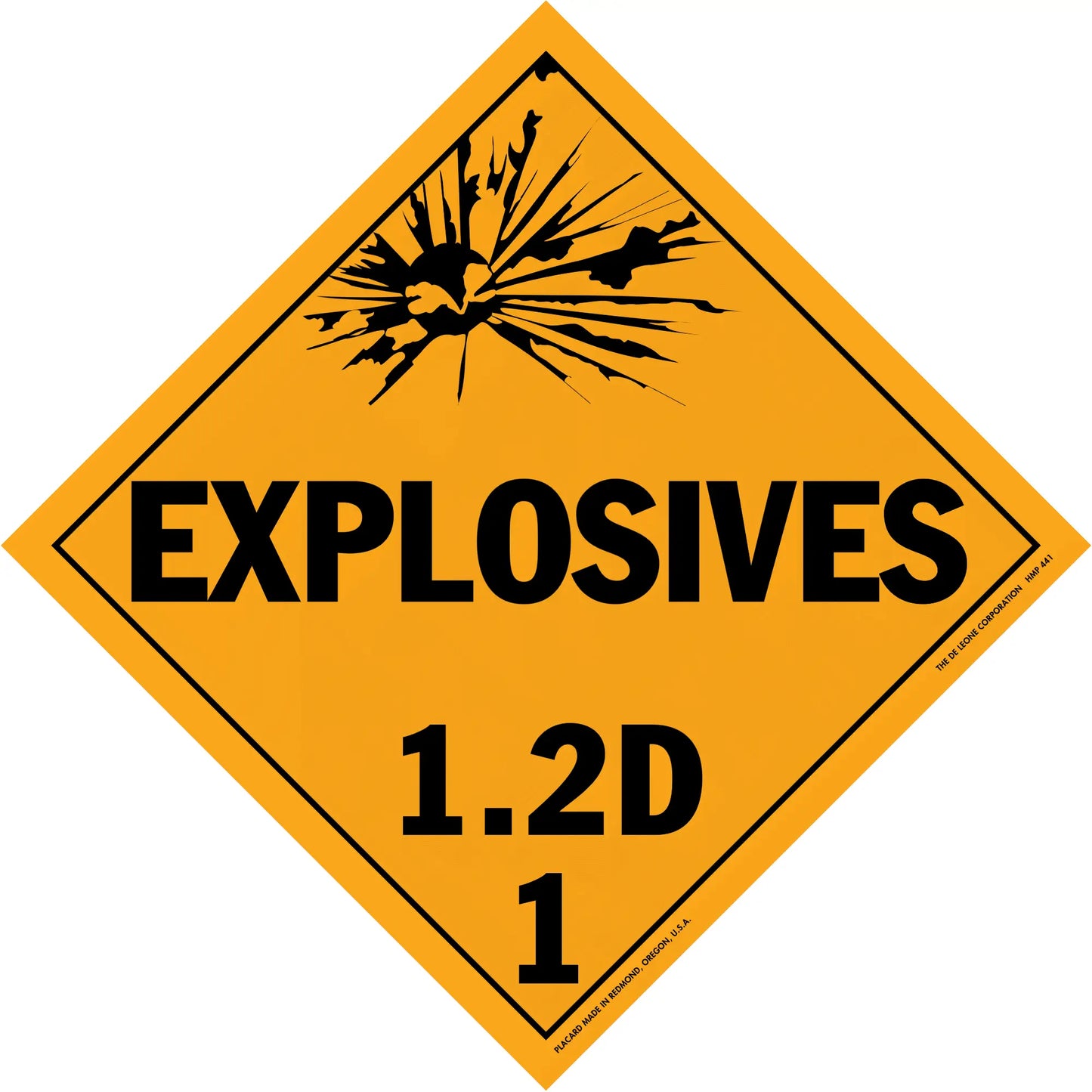 Diamond-shaped orange warning sign for explosives with classification 1.2D.