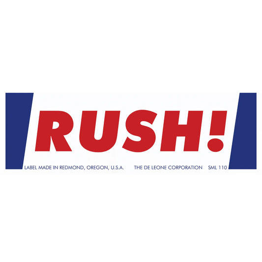 Red ’RUSH!’ text on a white label with blue edges, made in Redmond, Oregon.