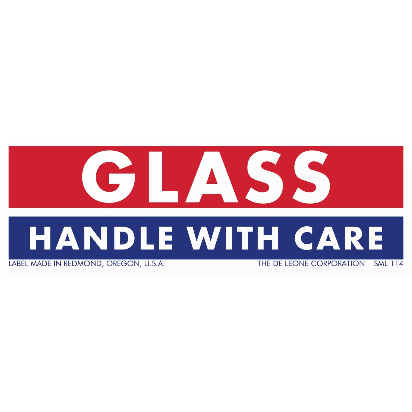 Red and blue warning label for glass that reads ’GLASS - HANDLE WITH CARE’