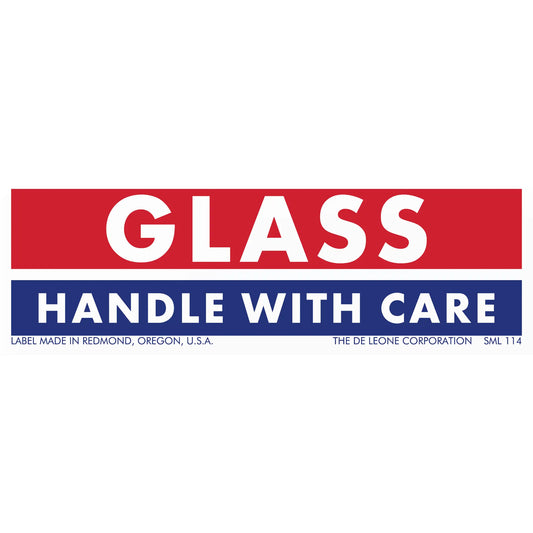Red and blue warning label for glass that reads ’GLASS - HANDLE WITH CARE’