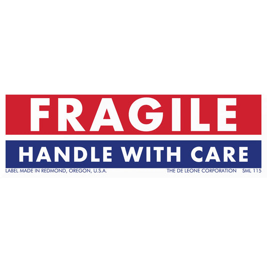 Red and blue ’FRAGILE - HANDLE WITH CARE’ shipping label from The De Leone Corporation in Redmond, Oregon.