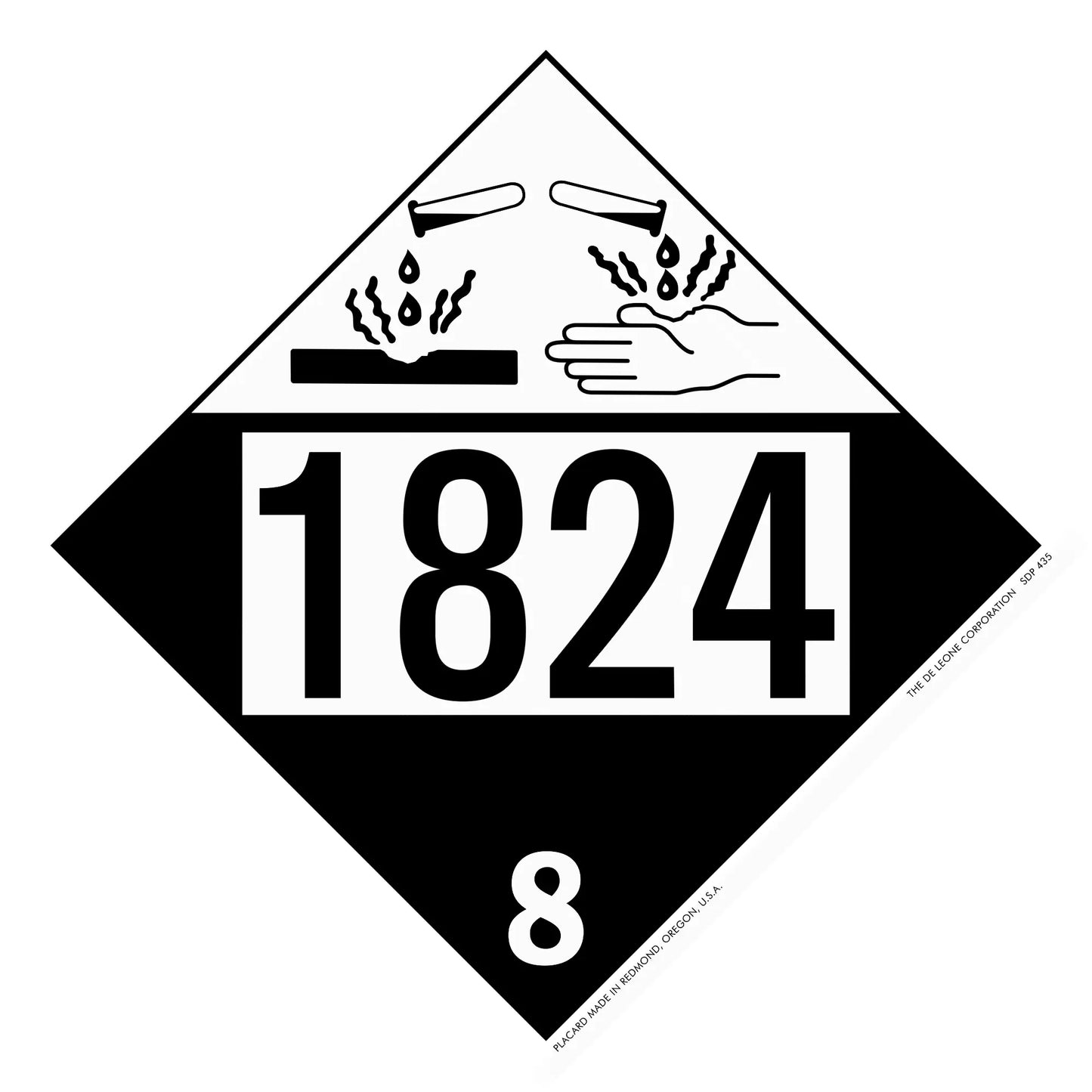 A hazardous materials placard with the number 1824 and corrosive symbol showing hands being damaged.