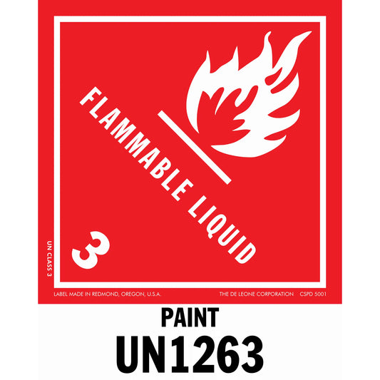 Red hazard warning sign for flammable liquid paint with UN1263 code.