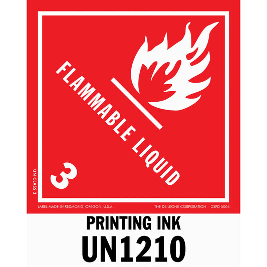 Red hazard warning label for flammable liquid printing ink with UN1210 classification.