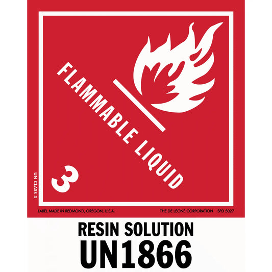 Red hazard warning sign for flammable liquid resin solution with UN1866 code.