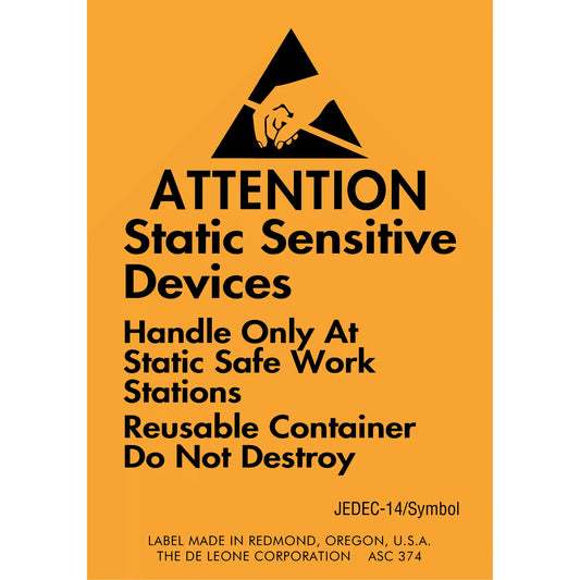 Warning label for static-sensitive electronic devices with black text on an orange background.