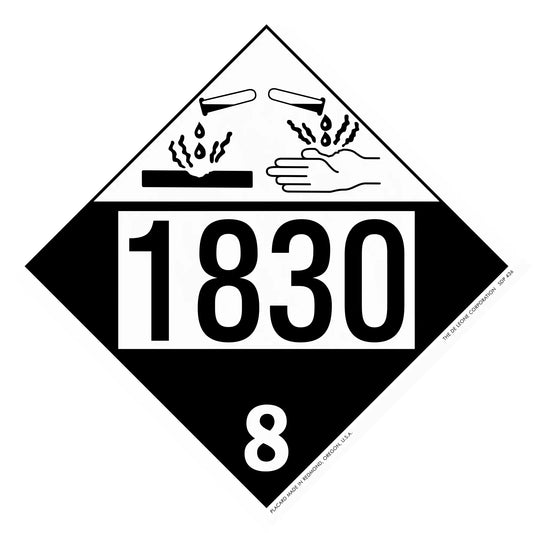 Hazardous materials placard with number 1830 and corrosive symbol showing hands being damaged.